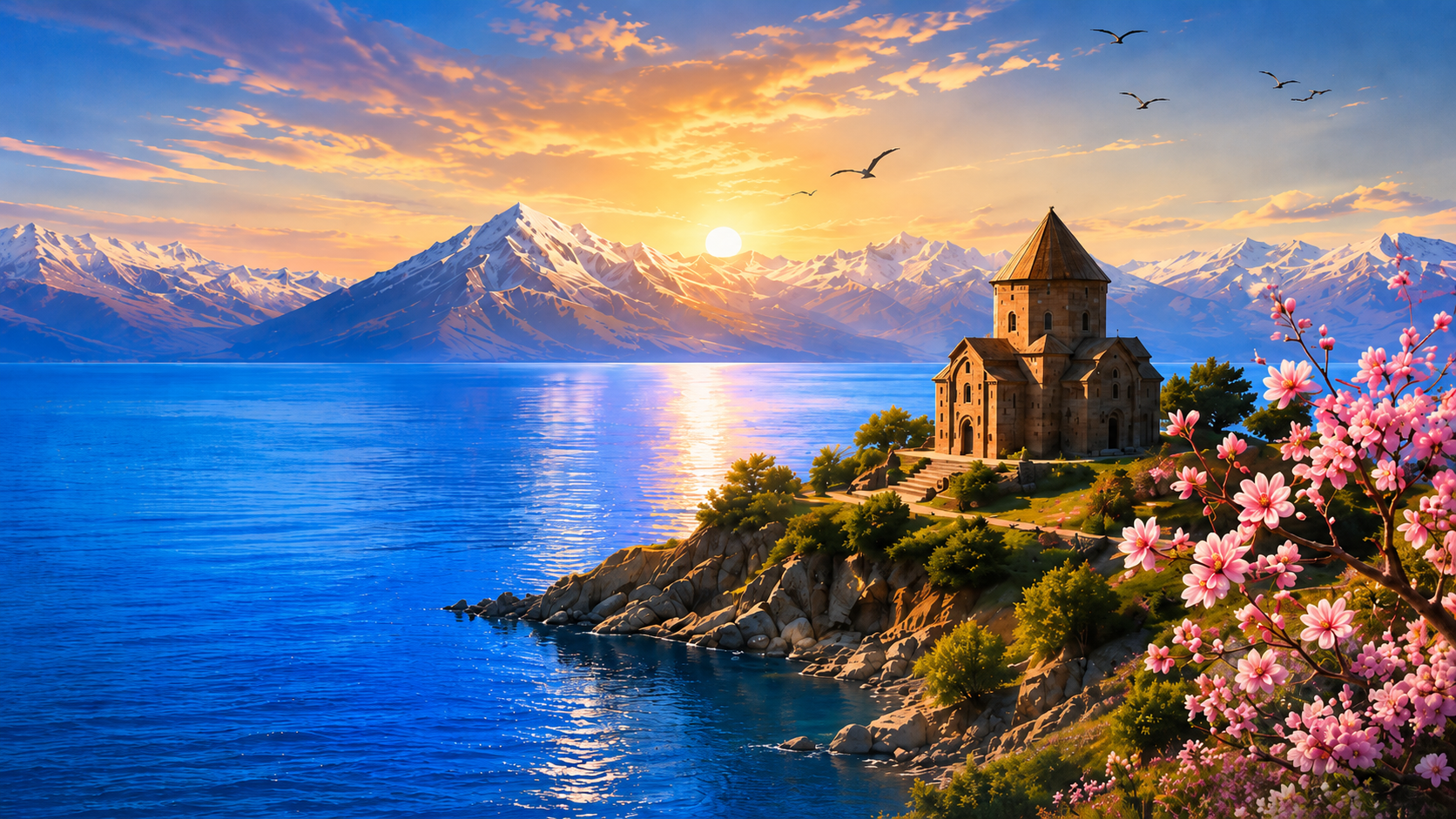Göl, dağ ve tarihi yapı manzarası